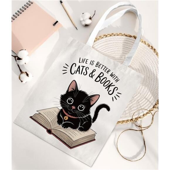 Cute Cat Canvas Tote Bag Aesthetic Reusable Shoulder Bag for Cat Lovers - Picture 4 of 5